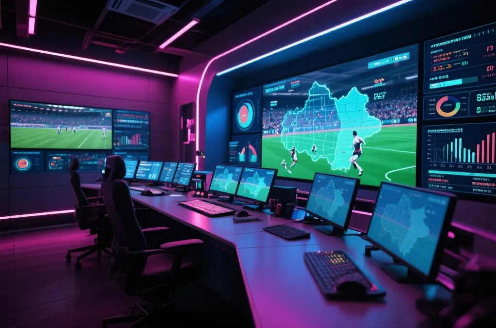 A high-tech control room with multiple screens displaying live sports analysis, holographic data graphs and player statistics