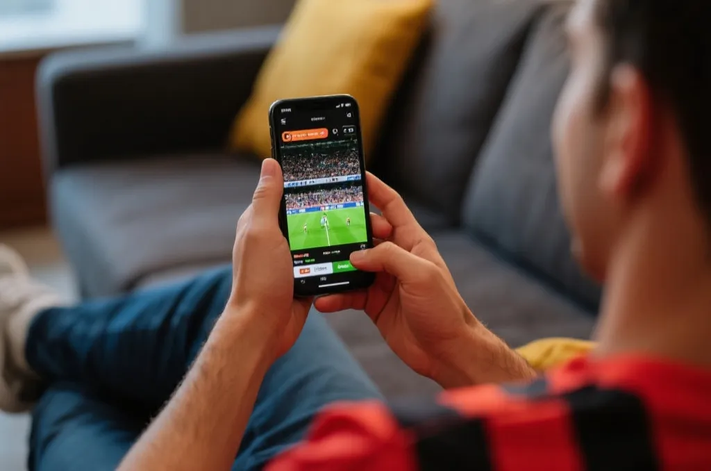 A smartphone displaying a live sports stream on screen, held by a fan sitting on a couch