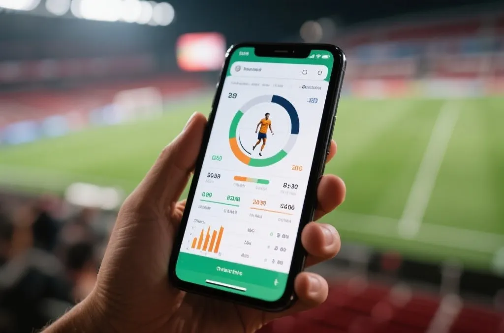 A close-up of a smartphone displaying detailed sports graphics, match statistics, and player analytics with a blurred stadium in the background