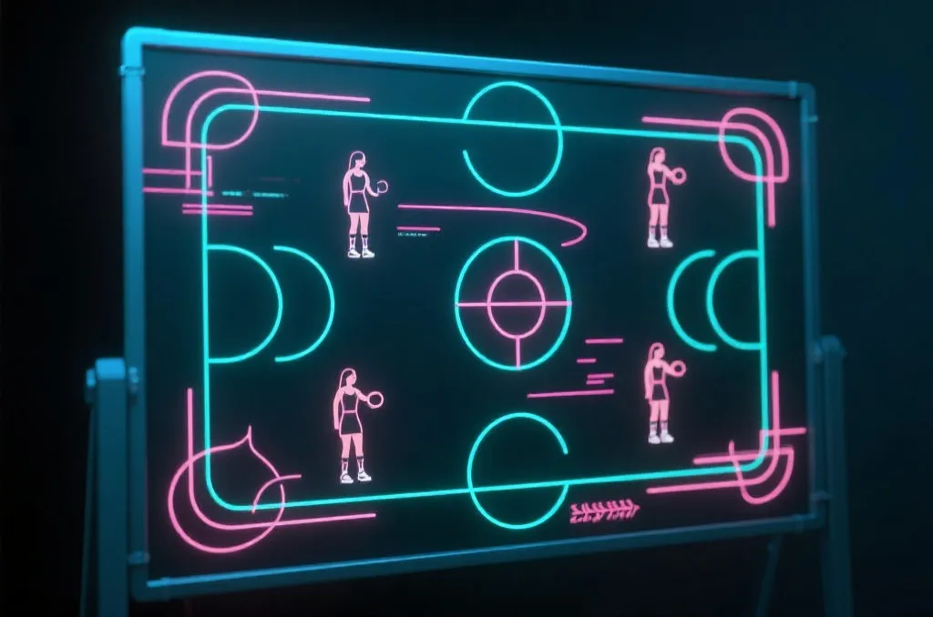 Abstract basketball tactical board with female player silhouettes and glowing lines